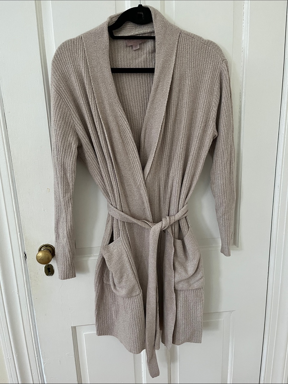 Barefoot Dreams Cozy Chic Lite Taupe Knit Shawl-Collar Robe with Belt